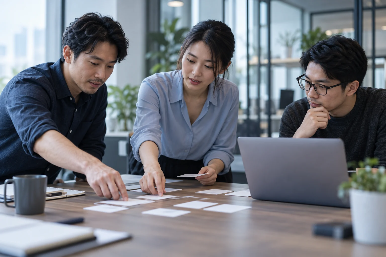 Illustrative photograph of professionals mapping a business workflow together.