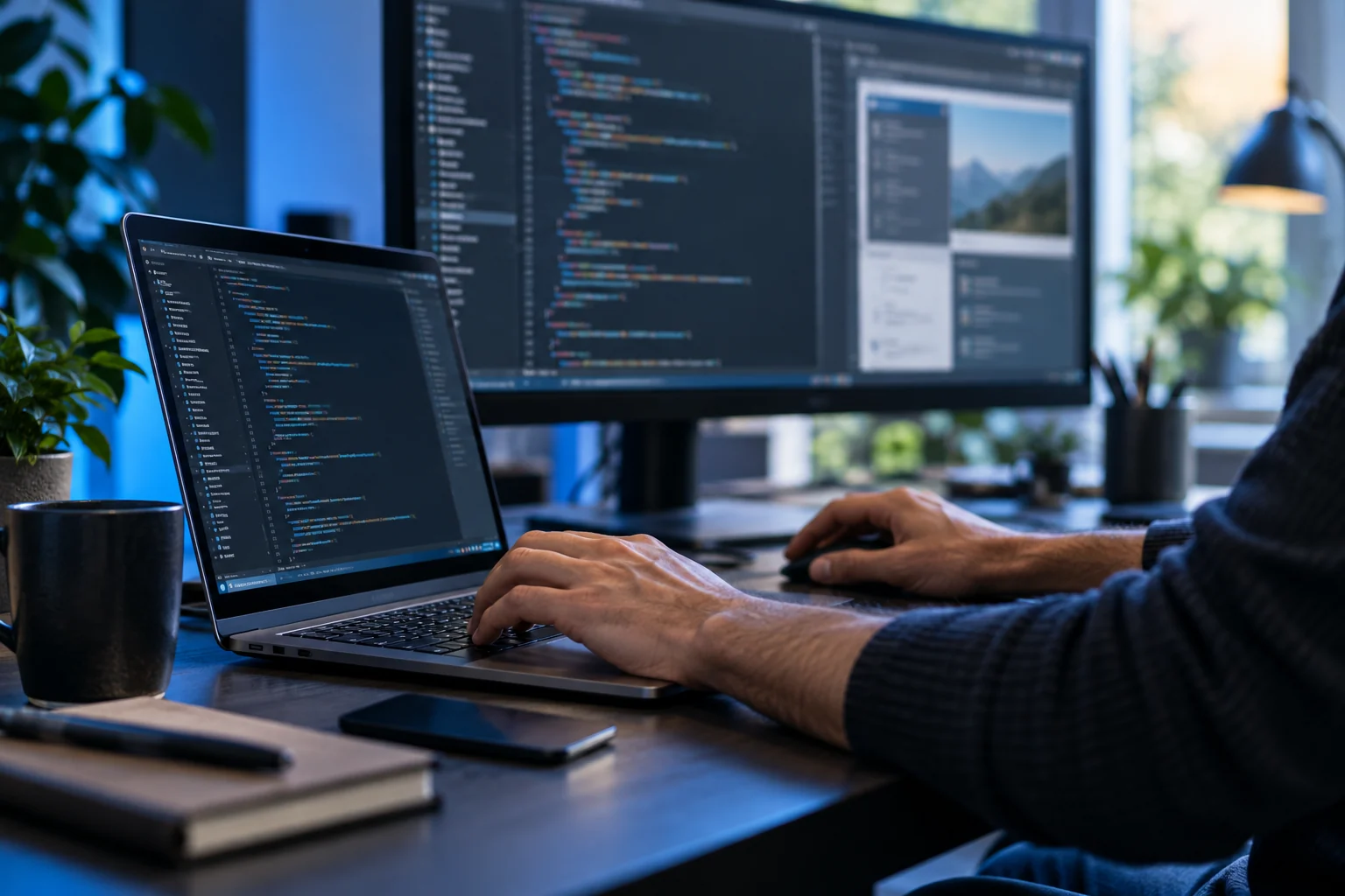 Illustrative photograph of software development at a modern workstation.